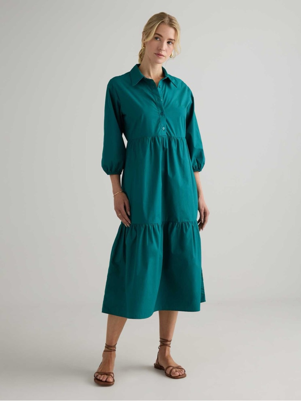 Quince 100% Organic Cotton Poplin 3/4 Sleeve Midi Tunic Dress Garden Green Large